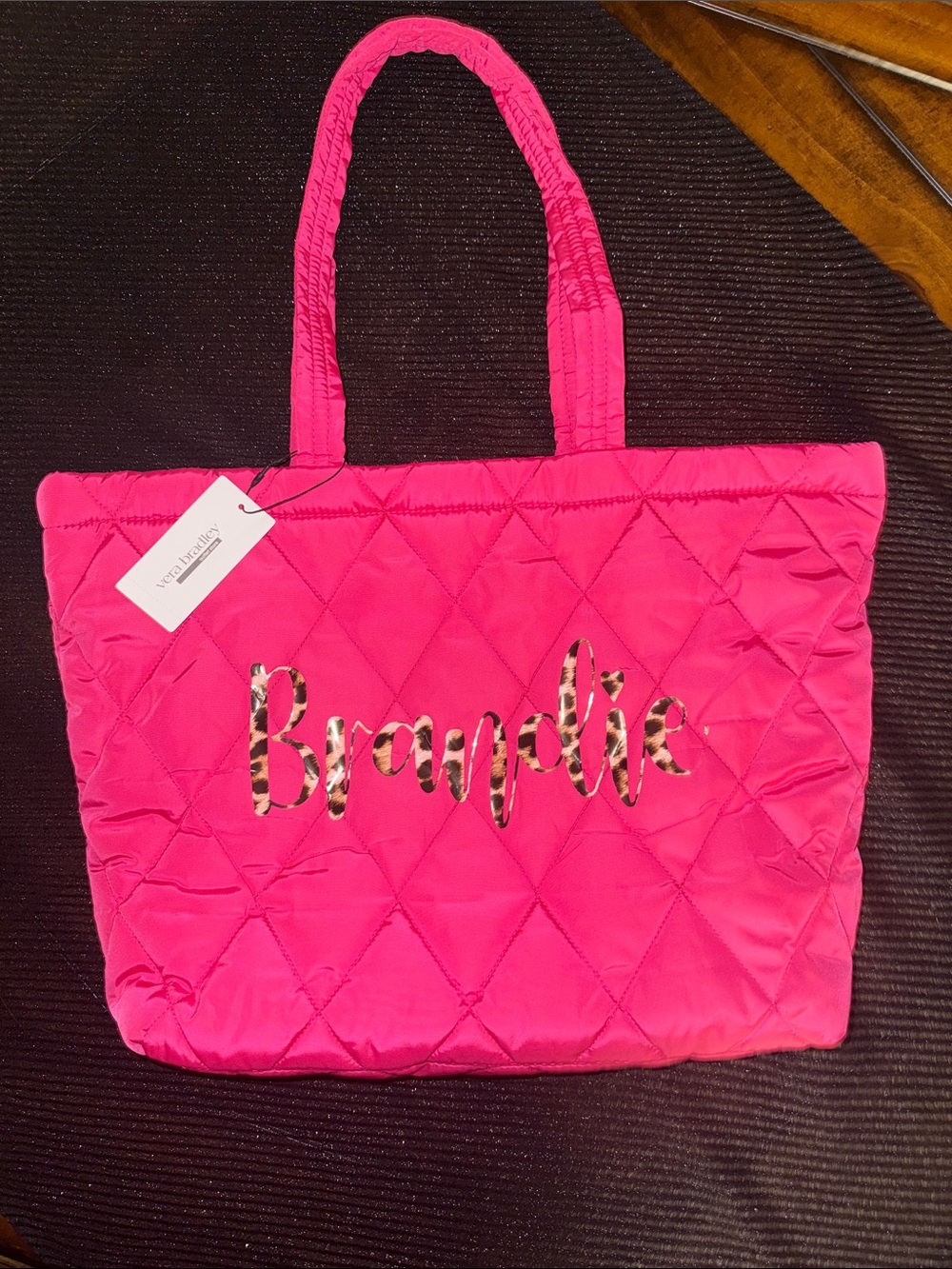 Vera Bradley Peacock Pink East West Quilted Tote with Leopard Brandie Script